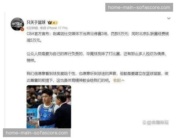 赵睿因社交媒体不当言论被停赛3场罚款5万元，俱乐部连带受罚